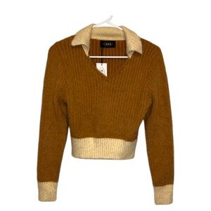 Cider Two-Tone Collared Cropped Sweater Brown Cream Size Small NWT